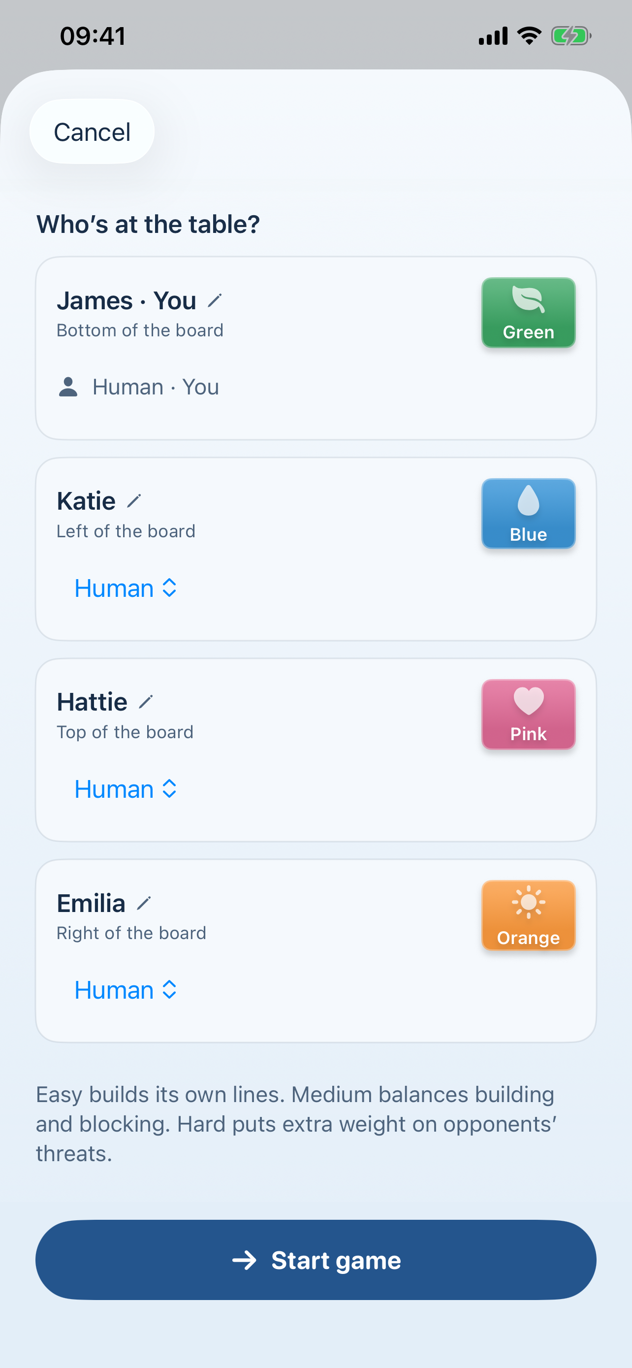 Native iPhone setup showing James, Katie, Hattie and Emilia as four human players, with their colors and seats